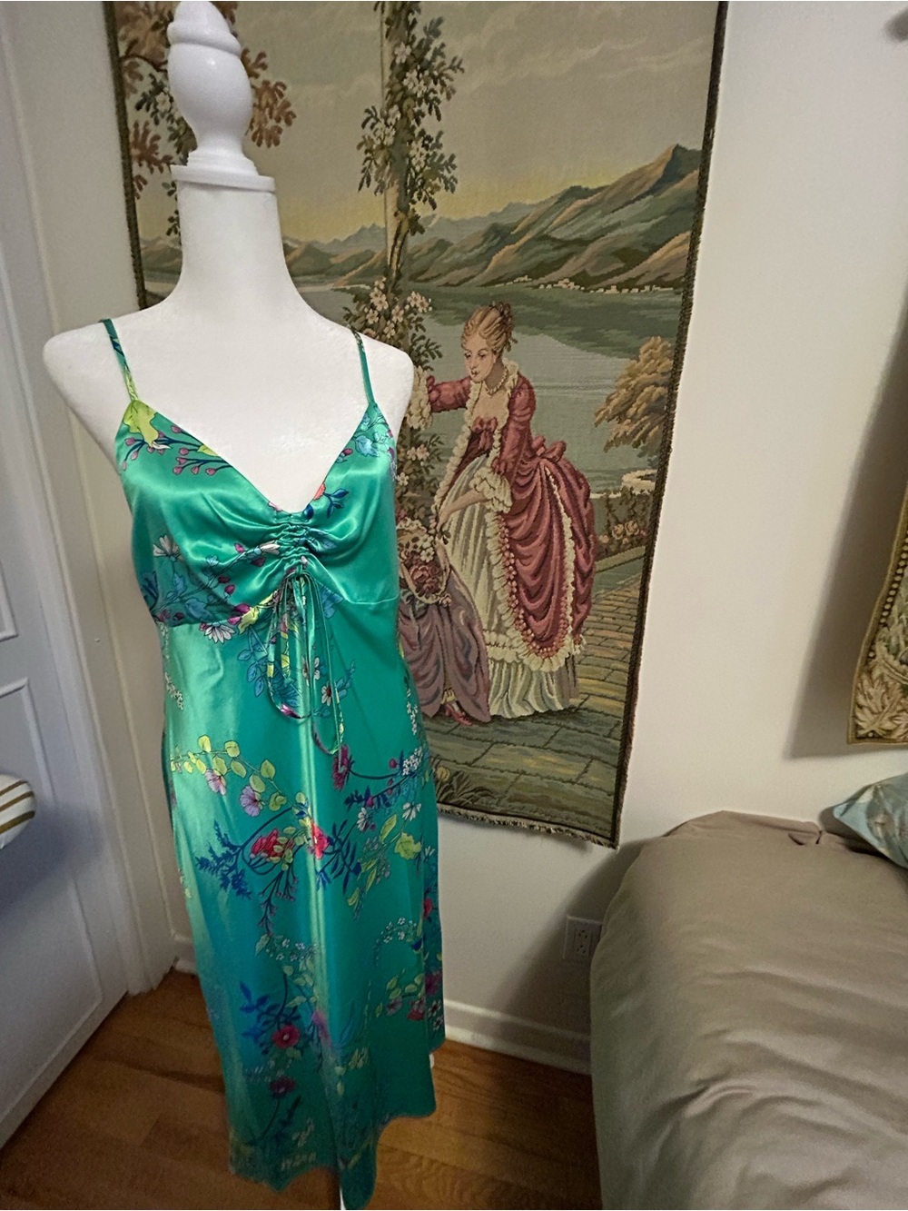 Emma & Michele Teal Floral Satin Slip with Adjustable Front Tie
